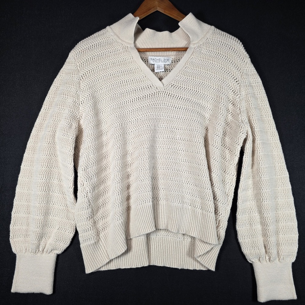 Rachel Zoe V-Neck Knit Crochet‎ Chunky Sweater Long Sleeve Cream/Ivory Size XL